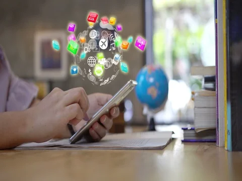 Hand touch screen smart phone, social icons interface on screen. Stock Footage 80366990