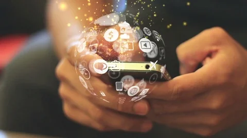 Hand touch screen smart phone, social icons interface on screen. Stock Footage 80939925