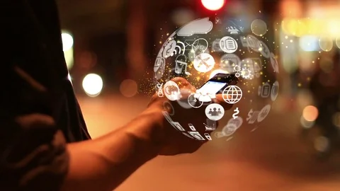 Hand touch screen smart phone, social icons interface on screen. Stock Footage 80940780