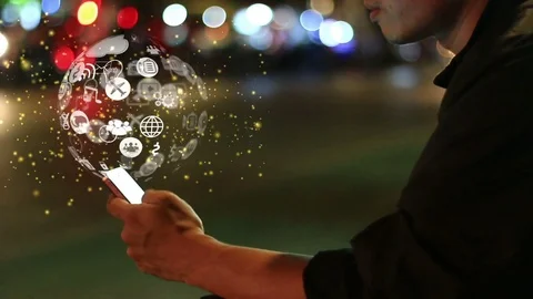 Hand touch screen smart phone, social icons interface on screen. Stock Footage 80940896