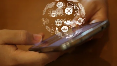 Hand touch screen smart phone, social icons interface on screen. Stock Footage 81511935