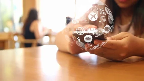 Hand touch screen smart phone, social icons interface on screen. Stock Footage 81511938