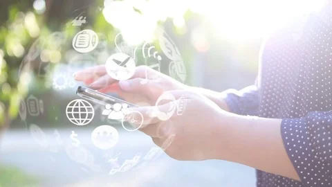 Hand touch screen smart phone, social icons interface on screen. Stock Footage 81511993