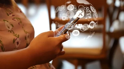 Hand touch screen smart phone, social icons interface on screen. Stock Footage 81512003