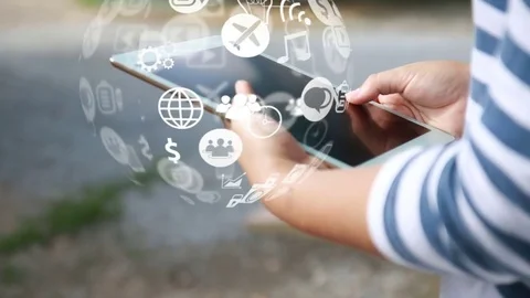 Hand touch screen smart phone, social icons interface on screen. Stock Footage 81512047