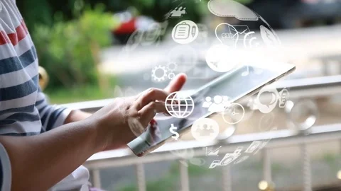 Hand touch screen smart phone, social icons interface on screen. Stock Footage 81512085