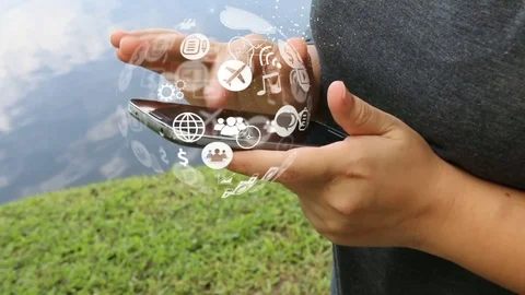 Hand touch screen smart phone, social icons interface on screen Stock Footage 81512098