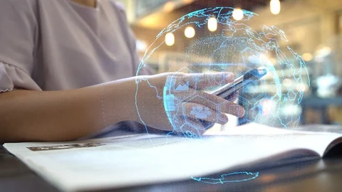Hand touch screen smart phone, social icons interface on screen Stock Footage 87934446