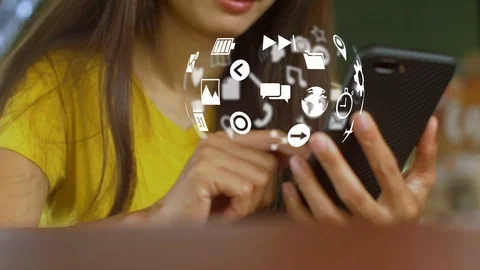 Hand touch screen smart phone, social icons interface on screen, connect to the  Video stock 111840669