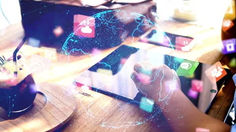 Hand touch screen smartphone, social media interface on screen, Stock Footage 147705939