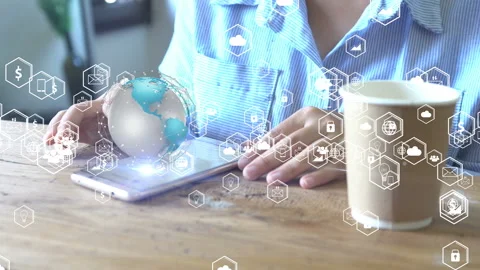 Hand touch screen smartphone. social icons interface on screen Stock-Footage 152957951