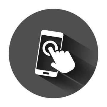 Hand touch smartphone icon in flat style. Phone finger vector illustration on 스톡 일러스트