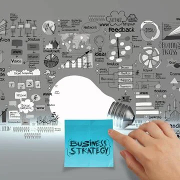 Hand touch sticky note paper on light bulb 3d with business strategy backgrou Stock Illustration