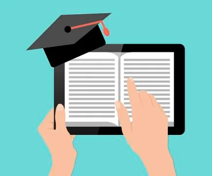 Hand touch tablet pc with book, education concept, flat vector illustration Illustrazione stock