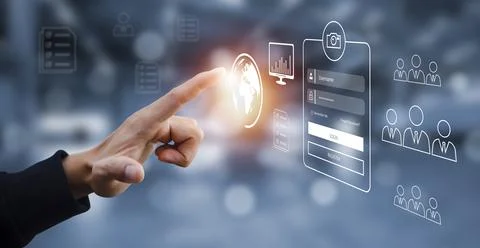Hand touch virtual global with cyber security concept, Login, User, identific Stock Photos