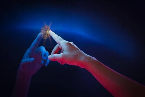 Hand touch virtual globe and bitcoin crypto currency investment. Stock Photos