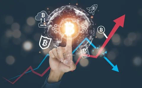 Hand touch virtual globe and bitcoin Cryptocurrency Investment and icons, tra Stock Photos