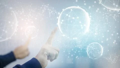 Hand touch virtual world line connections system and global data exchange. ,B Stock Photos