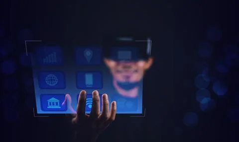 Hand touch on visual screen 3D data application technology and VR glasses on  Stock Photos
