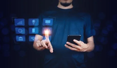 Hand touch on visual screen 3D data application technology and VR glasses on  Stock Photos