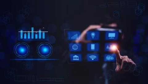 Hand touch on visual screen 3D data application technology and VR glasses on  Stock Photos