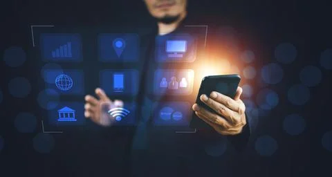Hand touch on visual screen 3D data application technology and VR glasses on  Stock Photos