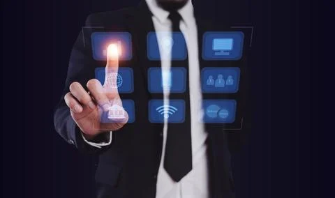 Hand touch on visual screen 3D data application technology and VR glasses on  Stock Photos