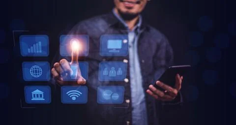 Hand touch on visual screen 3D data application technology and VR glasses on  Stock Photos