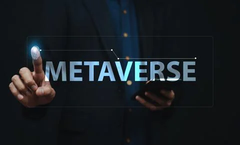 Hand touch on visual screen metaverse new trend for future, metaverse Avatar Foto stock