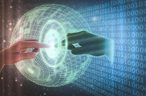 Hand touches AI artificial intelligence, digital data and future technology.  Stock Illustration