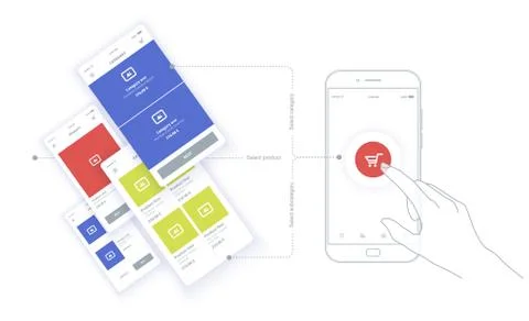 The hand touches the button of the mobile interface. User experience. 스톡 일러스트