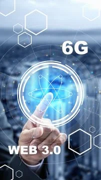 A hand touches a glowing digital interface with 6G and Web 3.0 text, symbol.. Stock Photos