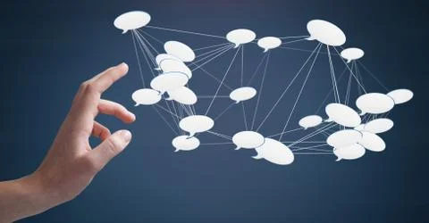 Hand touching 3D chat bubble connected icons Stock Photos