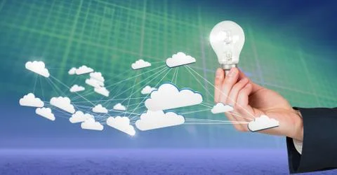 Hand touching 3D cloud and light bulb idea connected icons Foto stock
