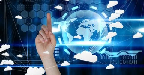 Hand touching 3D cloud connected icons 스톡 사진