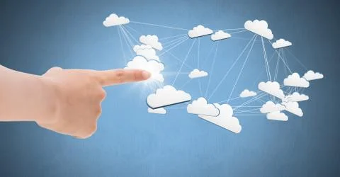 Hand touching 3D connected cloud icons 스톡 사진