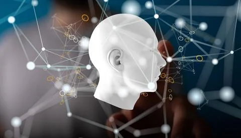 Hand touching the 3d model of a human head. Concept of Artificial intelligence. Stock Illustration