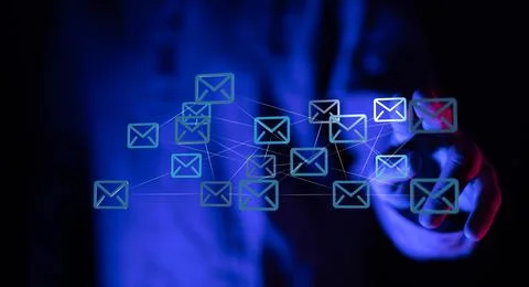 Hand touching 3D render Email Inbox Electronic Communication Graphics Concept Foto stock