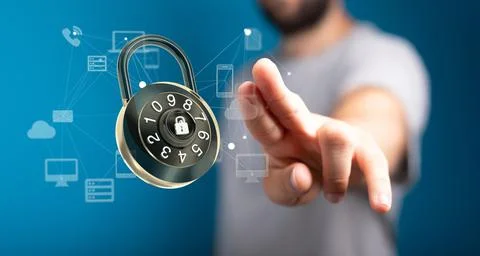 A hand touching 3D rendered information protected with a firewall, secure acc Foto stock