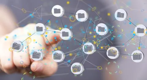 A hand touching 3d rendered network of folders - cloud technology and integra Stockfoto's