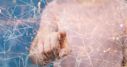 Hand touching 3D rendered network connection dots and lines, a digital Foto stock