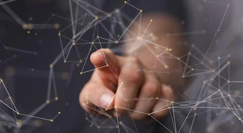 Hand touching 3D rendered network connection dots and lines, digital technology Foto stock