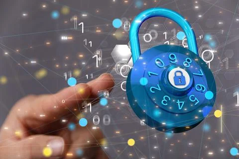 Hand touching the 3d rendered padlock with binary numbers. Cybersecurity. Stock Photos