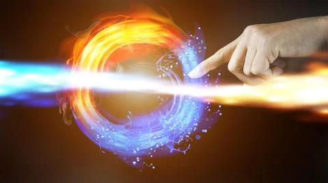 Hand touching abstract network circle technology structure. Foto stock