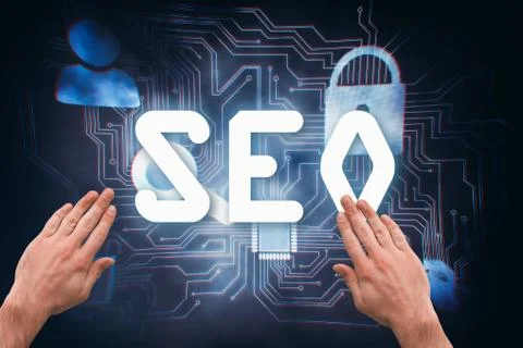 Hand touching against computing icons on technical background 库存照片