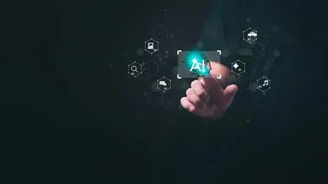Hand touching ai icon with digital technology icons around Stock Photos