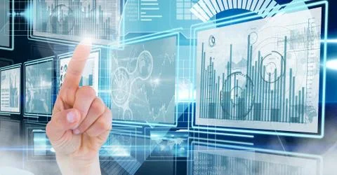 Hand touching and interacting with technology interface panels Stockfoto's