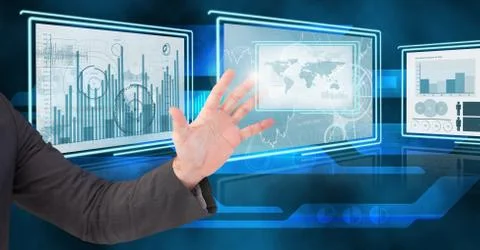 Hand touching and interacting with technology interface panels Stock Photos