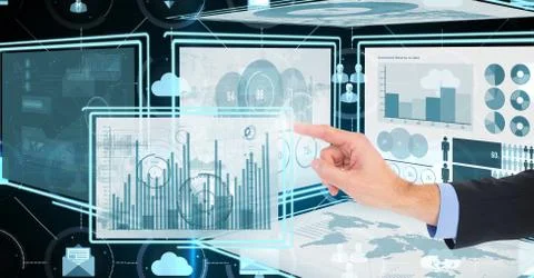 Hand touching and interacting with technology interface panels Foto stock