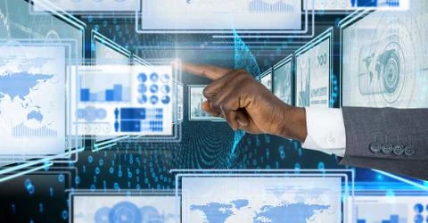 Hand touching and interacting with technology interface panels Stock Photos